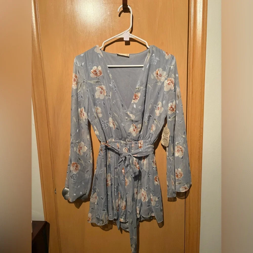 Altar’d State Sheer Blue Floral Romper lined w/ shorts BNWT Size XS long sleeve
